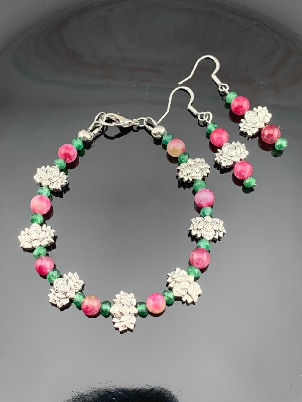 Watermelon Tourmaline Green Chalcedony Lotus Flower Bracelet Earrings SET LR185